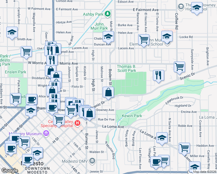 map of restaurants, bars, coffee shops, grocery stores, and more near 249 Bodem Street in Modesto