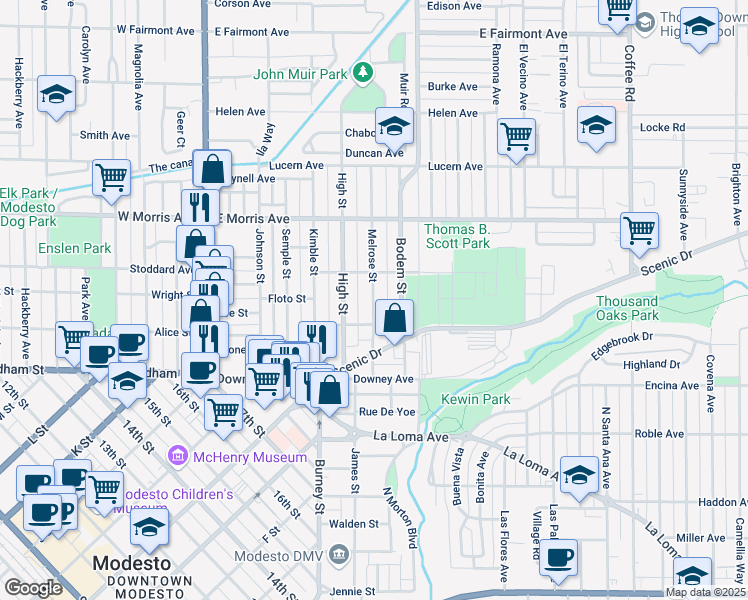 map of restaurants, bars, coffee shops, grocery stores, and more near 231 Melrose Street in Modesto