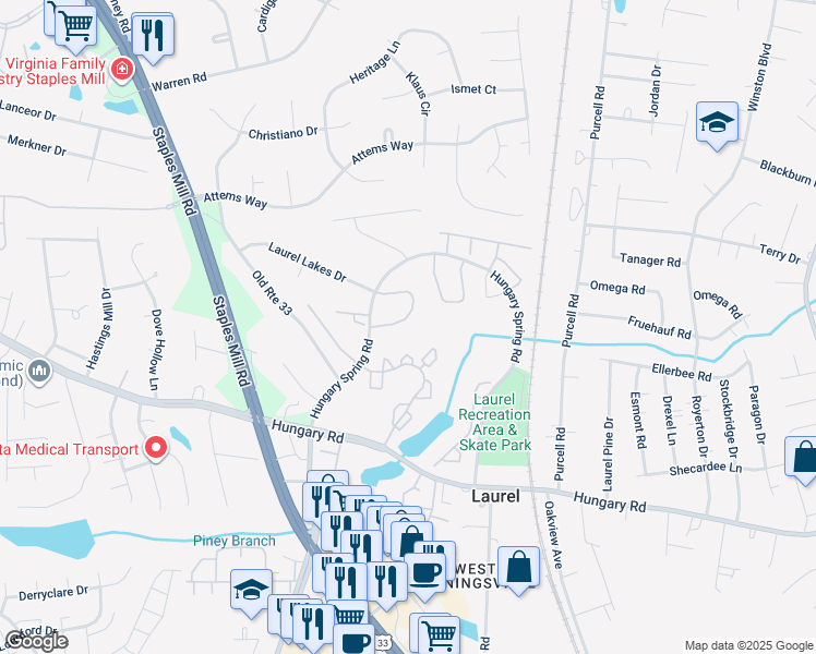 map of restaurants, bars, coffee shops, grocery stores, and more near 9430 Tracey Lynne Circle in Glen Allen