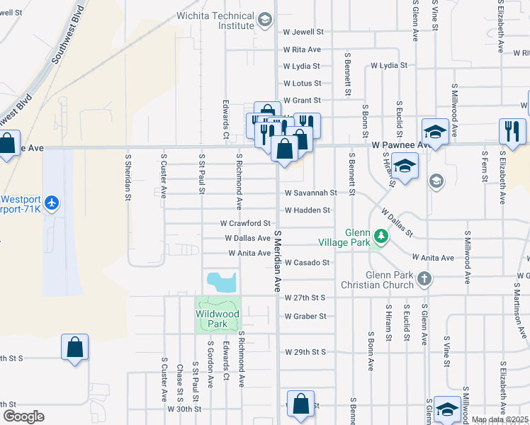map of restaurants, bars, coffee shops, grocery stores, and more near 2502 Hadden Street in Wichita