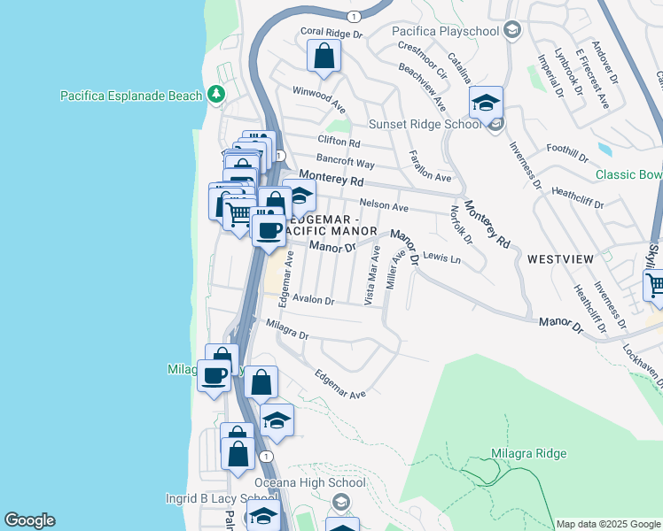 map of restaurants, bars, coffee shops, grocery stores, and more near 516 Fremont Avenue in Pacifica