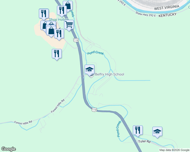 map of restaurants, bars, coffee shops, grocery stores, and more near 27678 U.S. 119 in Belfry