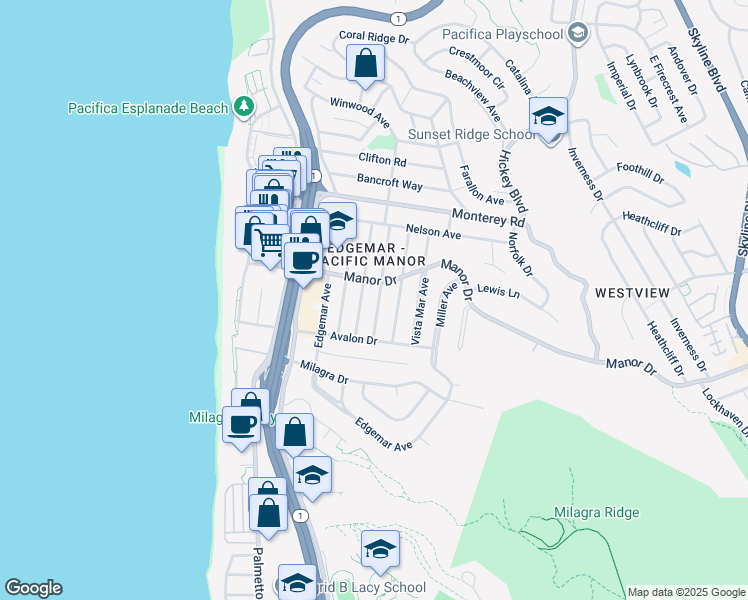 map of restaurants, bars, coffee shops, grocery stores, and more near 516 Fremont Avenue in Pacifica