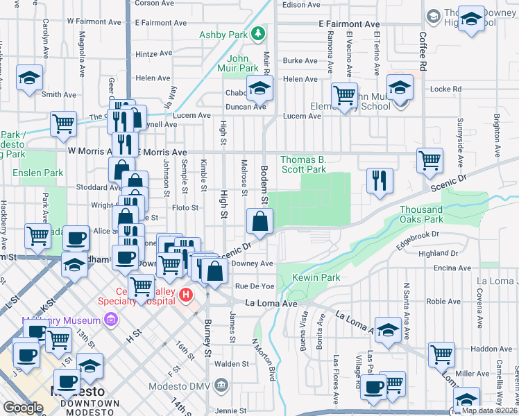 map of restaurants, bars, coffee shops, grocery stores, and more near 249 Bodem Street in Modesto