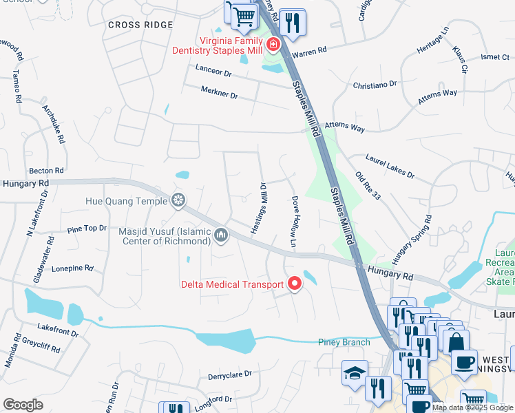 map of restaurants, bars, coffee shops, grocery stores, and more near 9624 Hastings Mill Drive in Glen Allen