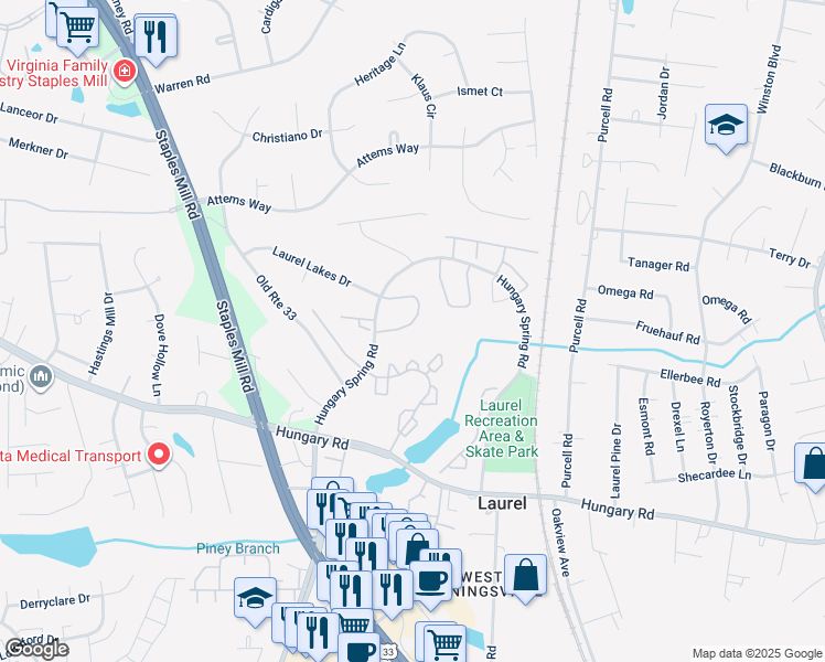 map of restaurants, bars, coffee shops, grocery stores, and more near 9430 Tracey Lynne Circle in Glen Allen
