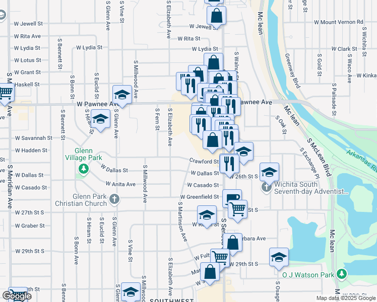 map of restaurants, bars, coffee shops, grocery stores, and more near 1300-1498 Crawford Street in Wichita