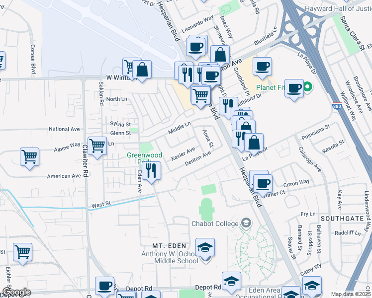 map of restaurants, bars, coffee shops, grocery stores, and more near 1291 Xavier Avenue in Hayward