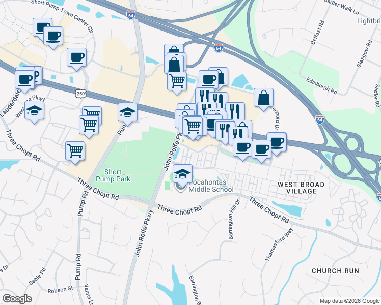 map of restaurants, bars, coffee shops, grocery stores, and more near 11331 West Broad Street in Glen Allen