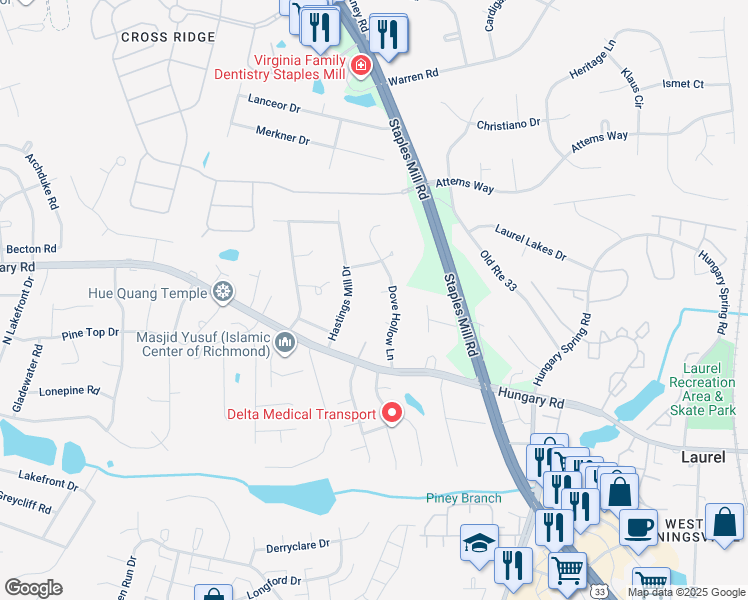 map of restaurants, bars, coffee shops, grocery stores, and more near 8409 Dove Hollow Court in Glen Allen