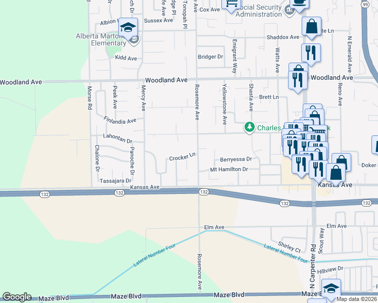 map of restaurants, bars, coffee shops, grocery stores, and more near 2207 Crocker Lane in Modesto
