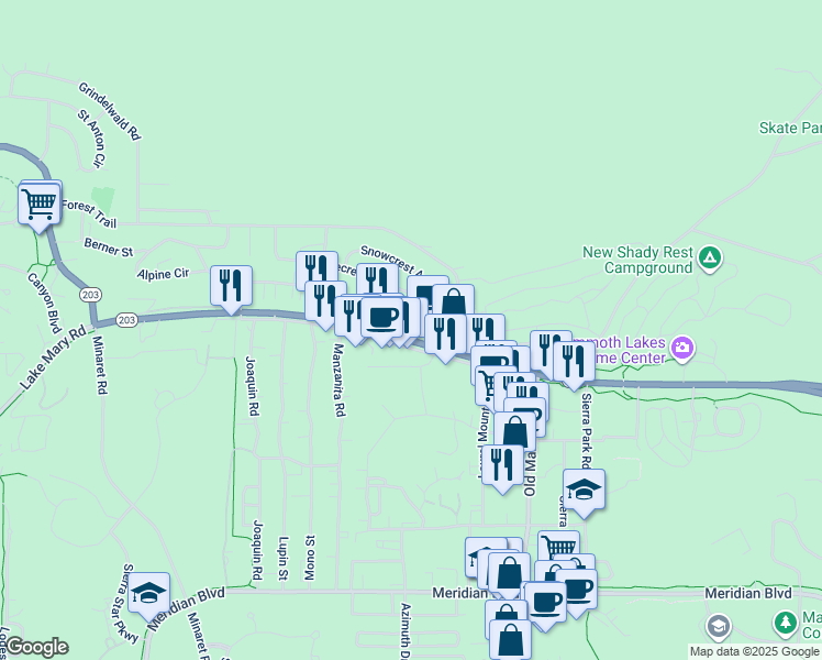 map of restaurants, bars, coffee shops, grocery stores, and more near 3310 Main St in Mammoth Lakes