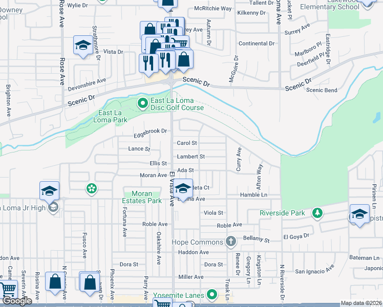 map of restaurants, bars, coffee shops, grocery stores, and more near 2245 Lambert Street in Modesto