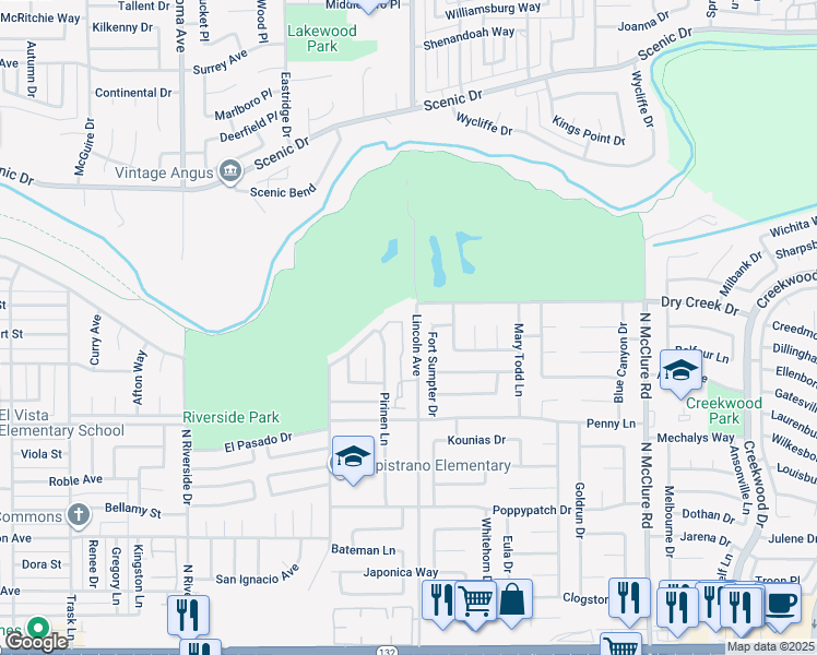 map of restaurants, bars, coffee shops, grocery stores, and more near 573 Lincoln Avenue in Modesto
