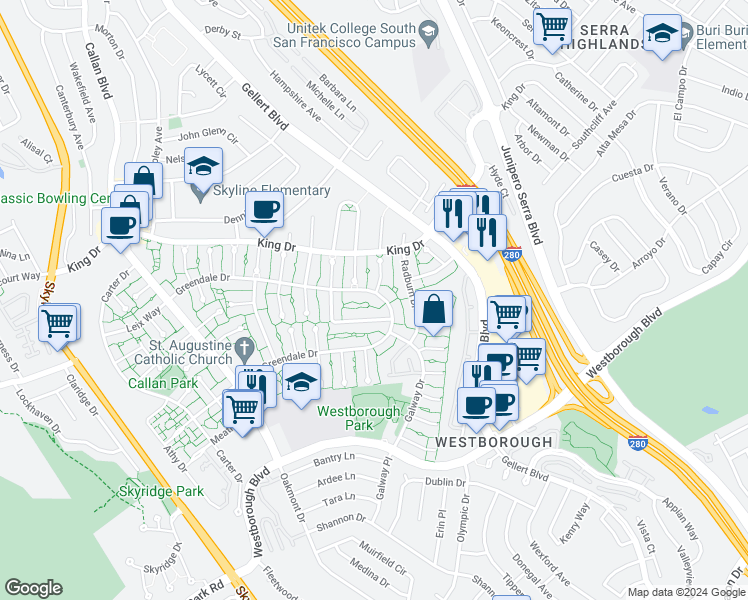 map of restaurants, bars, coffee shops, grocery stores, and more near 2379 Greendale Drive in South San Francisco