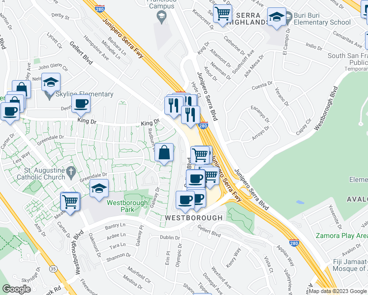 map of restaurants, bars, coffee shops, grocery stores, and more near 2200 Gellert Boulevard in South San Francisco