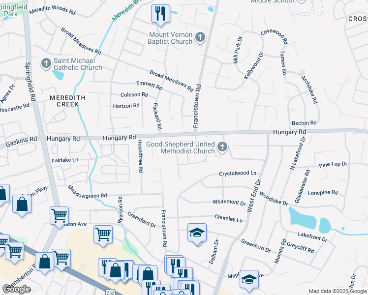 map of restaurants, bars, coffee shops, grocery stores, and more near 4025 Bayapple Drive in Richmond