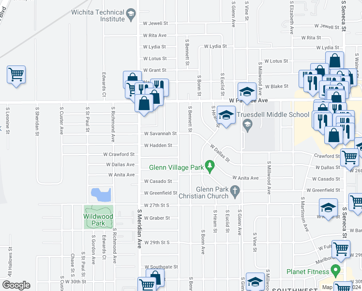 map of restaurants, bars, coffee shops, grocery stores, and more near 2528 South Everett Street in Wichita