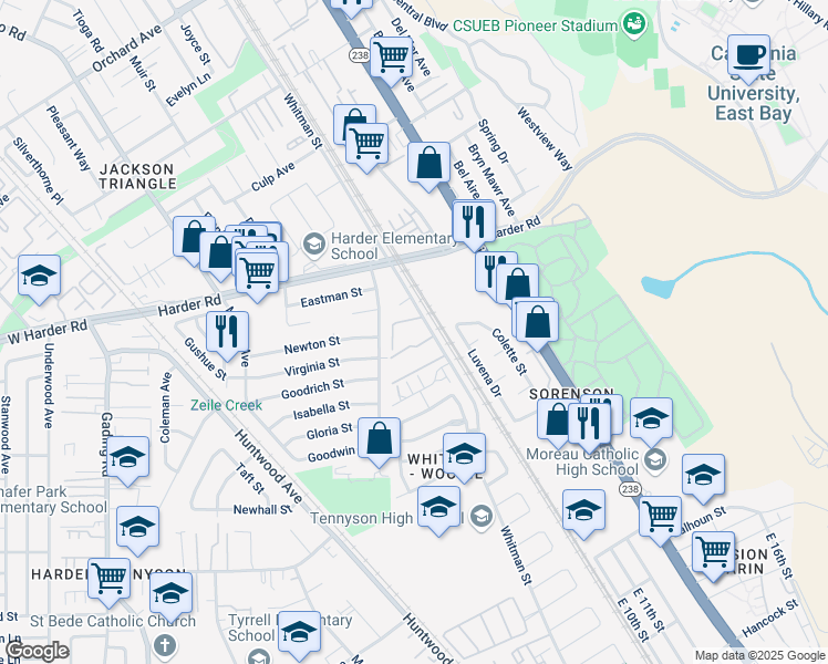 map of restaurants, bars, coffee shops, grocery stores, and more near 26331 Whitman Street in Hayward