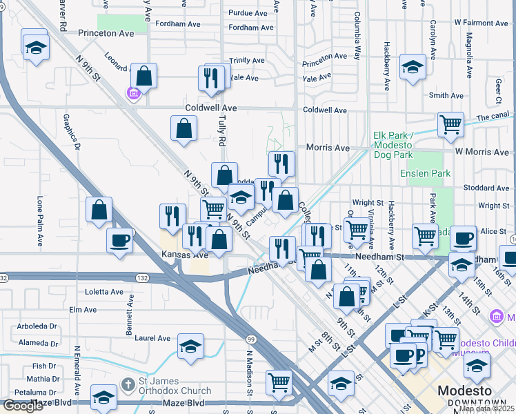 map of restaurants, bars, coffee shops, grocery stores, and more near 313 Campus Way in Modesto