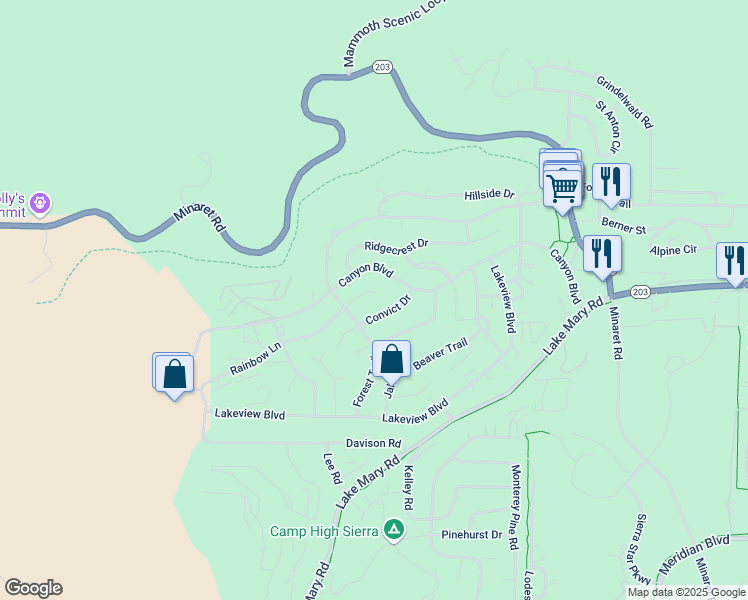 map of restaurants, bars, coffee shops, grocery stores, and more near 19 Rainbow Lane in Mammoth Lakes