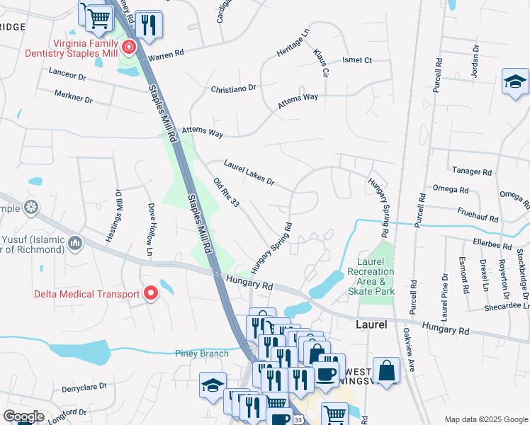map of restaurants, bars, coffee shops, grocery stores, and more near 9741 Candace Terrace in Glen Allen