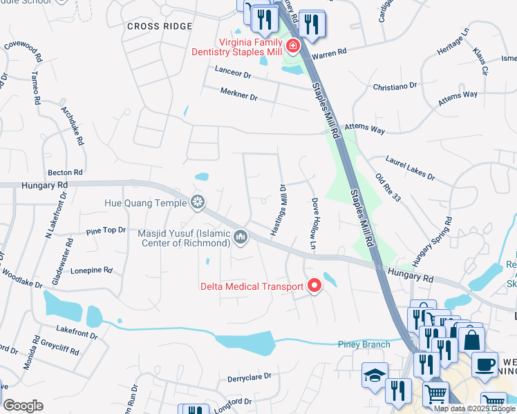map of restaurants, bars, coffee shops, grocery stores, and more near 8413 Wilshire Place in Glen Allen