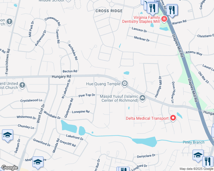 map of restaurants, bars, coffee shops, grocery stores, and more near 4421 Hungary Glen Terrace in Henrico