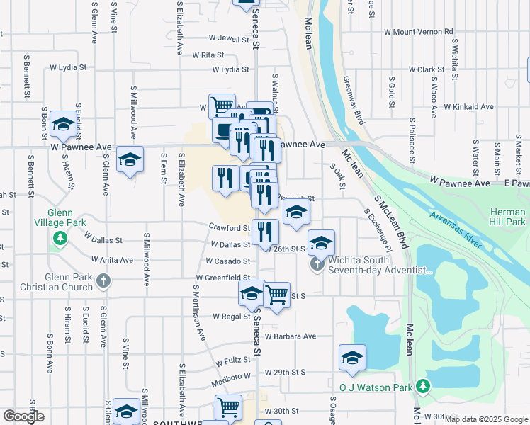 map of restaurants, bars, coffee shops, grocery stores, and more near 2544 South Seneca Street in Wichita
