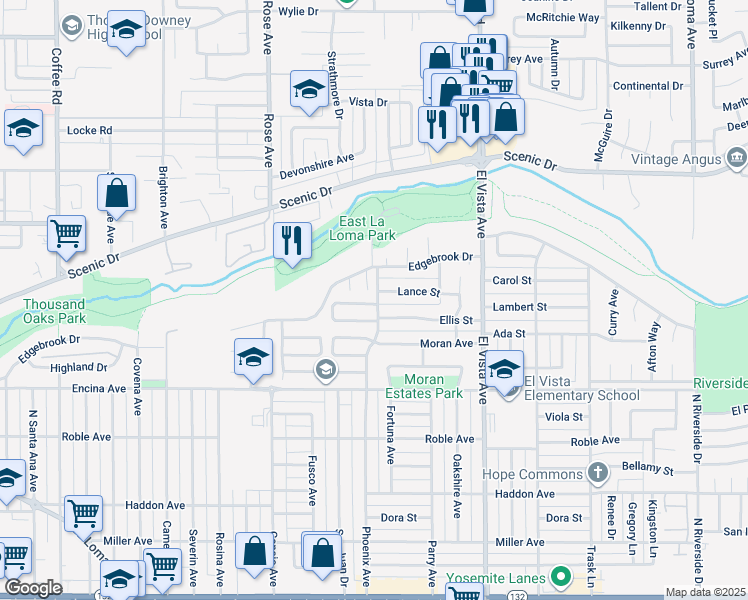 map of restaurants, bars, coffee shops, grocery stores, and more near 2020 Lance Street in Modesto