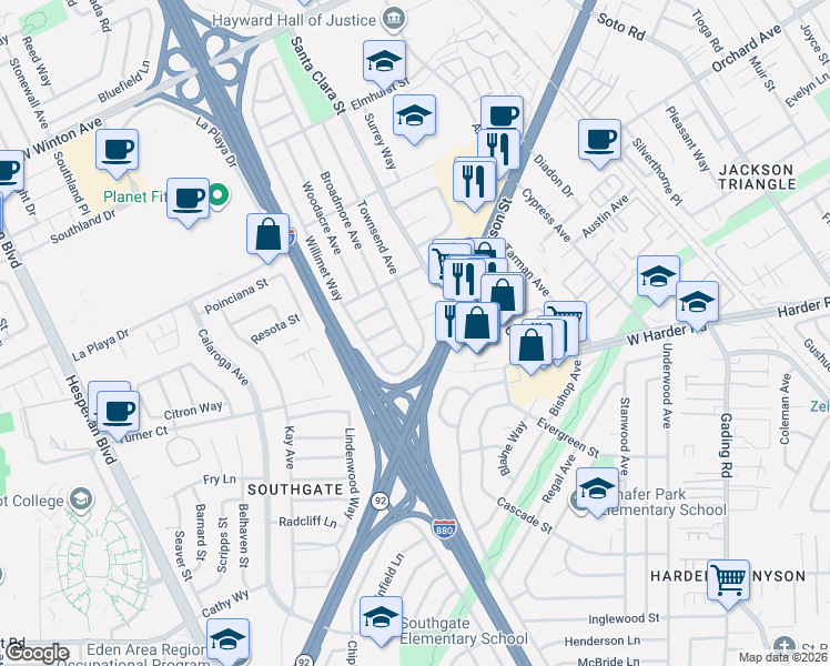 map of restaurants, bars, coffee shops, grocery stores, and more near 612 Lindhurst Lane in Hayward