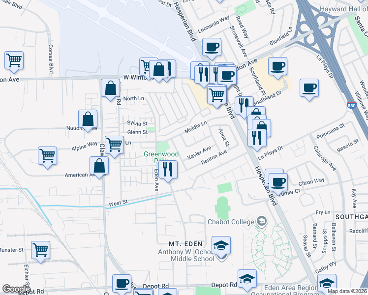 map of restaurants, bars, coffee shops, grocery stores, and more near 24056 Monument Boulevard in Hayward