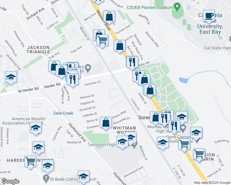 map of restaurants, bars, coffee shops, grocery stores, and more near 26325 Whitman Street in Hayward