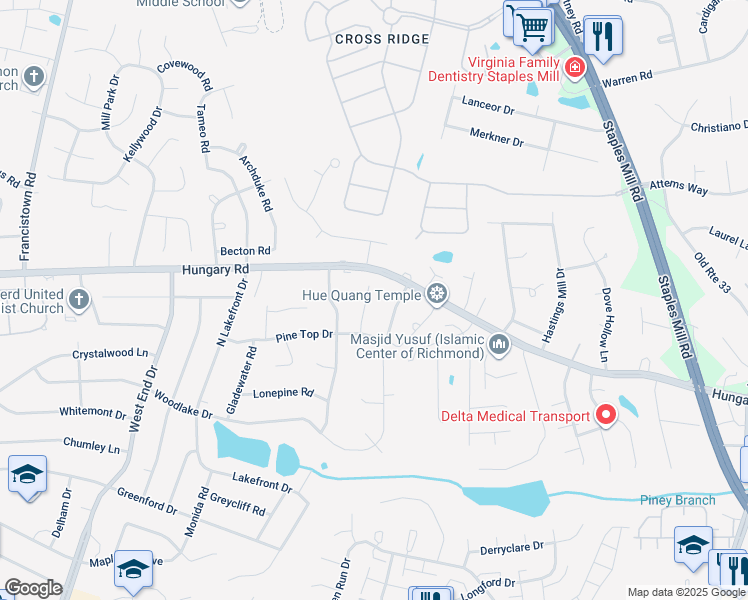 map of restaurants, bars, coffee shops, grocery stores, and more near 4421 Hungary Glen Terrace in Henrico