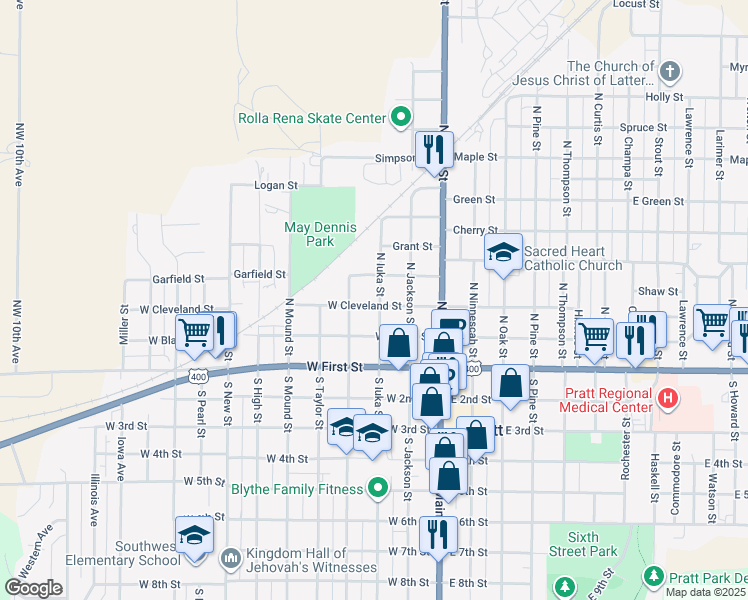 map of restaurants, bars, coffee shops, grocery stores, and more near 300-398 N Iuka St in Pratt