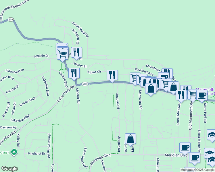 map of restaurants, bars, coffee shops, grocery stores, and more near 5 Frontage Road in Mammoth Lakes