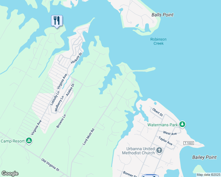 map of restaurants, bars, coffee shops, grocery stores, and more near 67 Moss Side Drive in Urbanna
