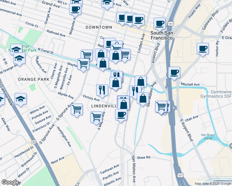 map of restaurants, bars, coffee shops, grocery stores, and more near 131 South Maple Avenue in South San Francisco