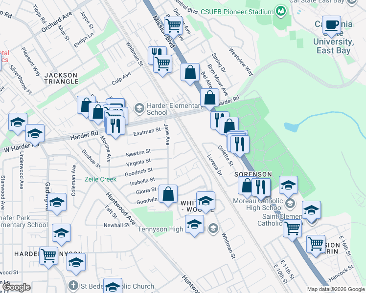 map of restaurants, bars, coffee shops, grocery stores, and more near 26343 Whitman Street in Hayward
