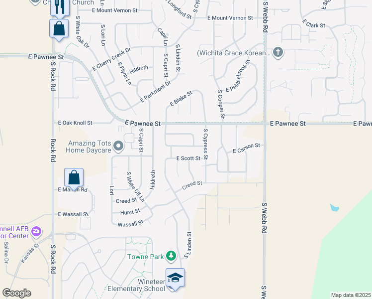 map of restaurants, bars, coffee shops, grocery stores, and more near 9003 East Carson Street in Wichita