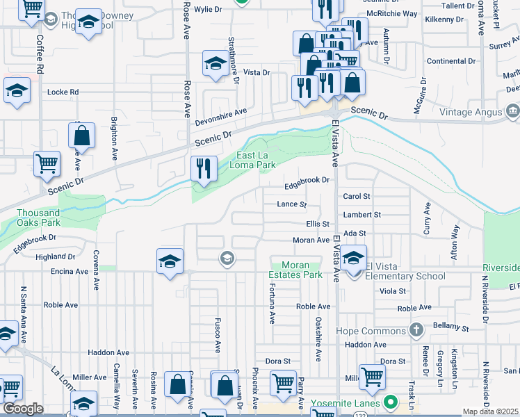 map of restaurants, bars, coffee shops, grocery stores, and more near 2020 Lance Street in Modesto