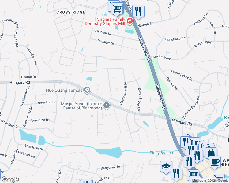 map of restaurants, bars, coffee shops, grocery stores, and more near 8417 Wilshire Place in Glen Allen
