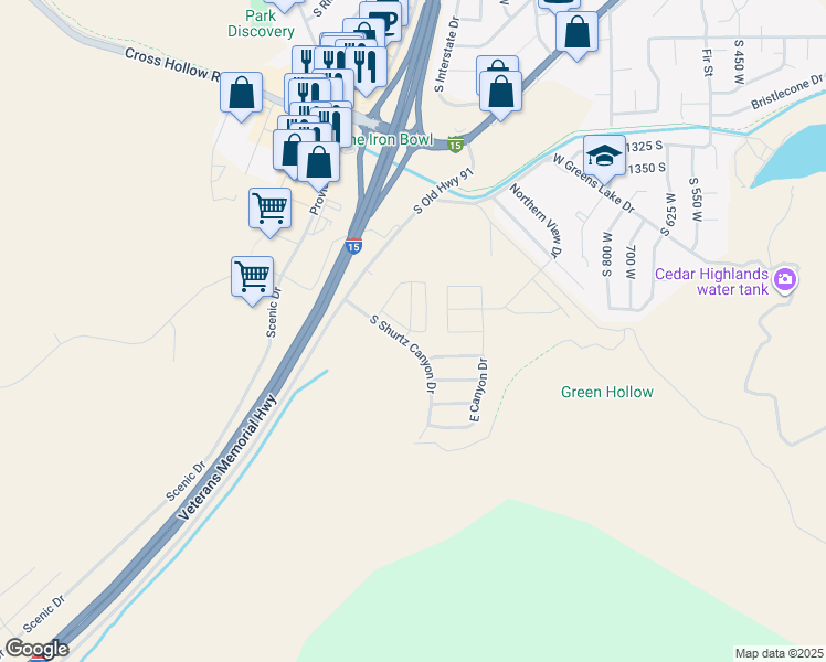 map of restaurants, bars, coffee shops, grocery stores, and more near 1593 South Shurtz Canyon Drive in Cedar City