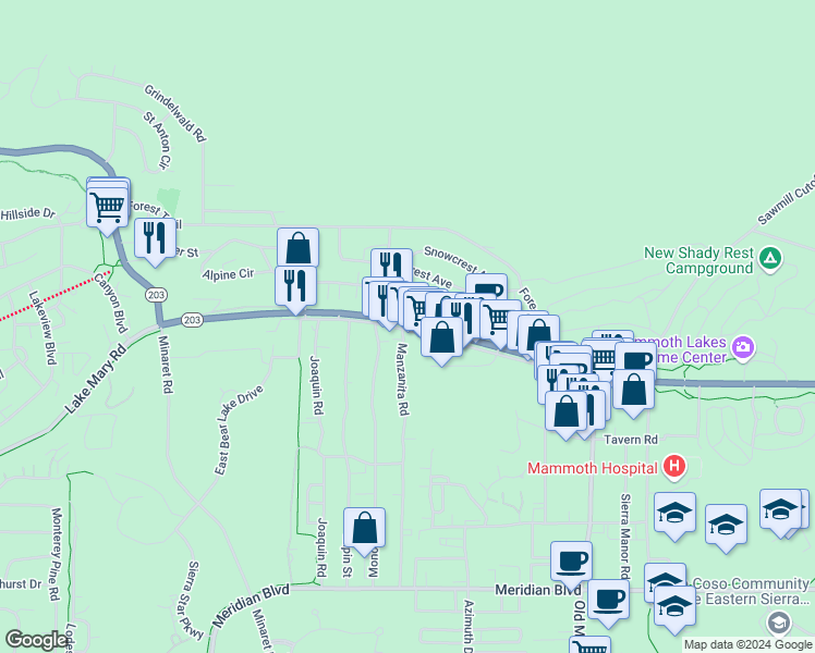 map of restaurants, bars, coffee shops, grocery stores, and more near 14 Frontage Road in Mammoth Lakes