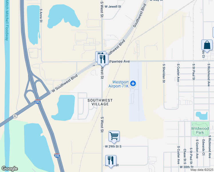 map of restaurants, bars, coffee shops, grocery stores, and more near 2540 South West Street in Wichita