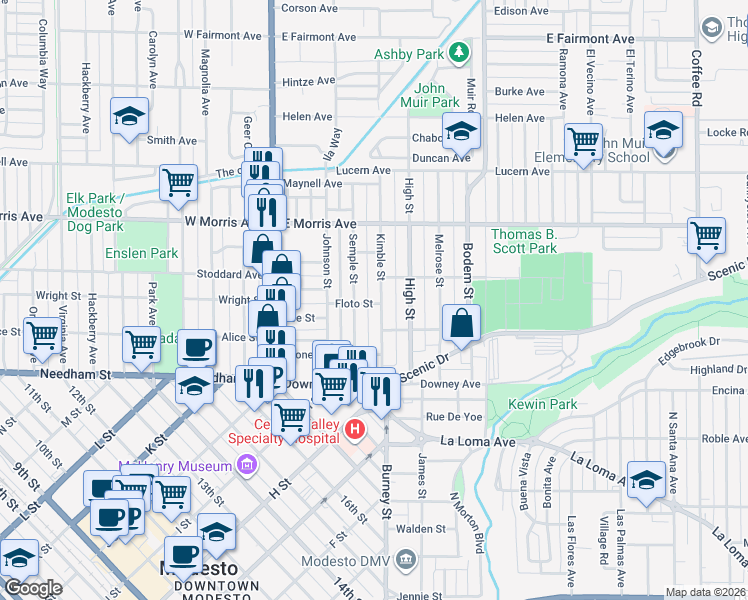 map of restaurants, bars, coffee shops, grocery stores, and more near 306 Semple Street in Modesto