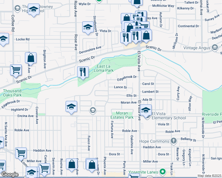 map of restaurants, bars, coffee shops, grocery stores, and more near 2020 Lance Street in Modesto