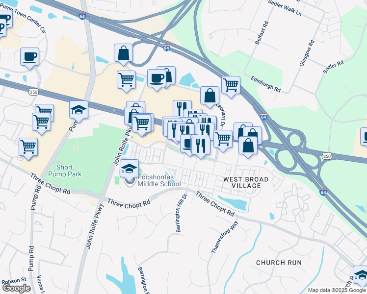map of restaurants, bars, coffee shops, grocery stores, and more near 4018 Whittall Way in Glen Allen