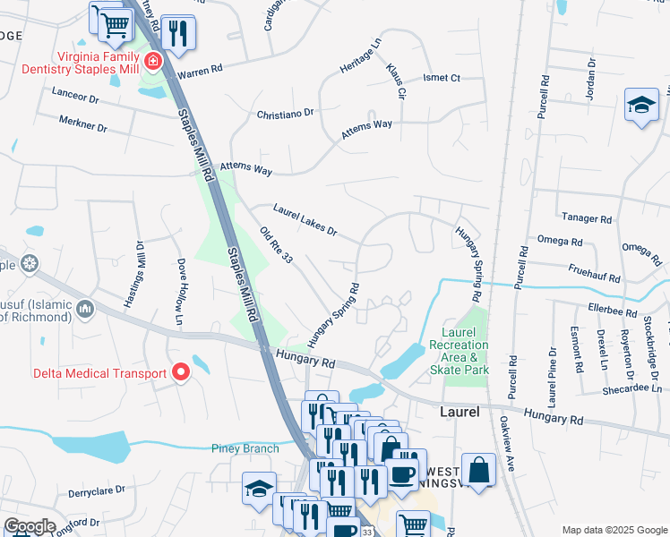 map of restaurants, bars, coffee shops, grocery stores, and more near 9727 Candace Court in Glen Allen
