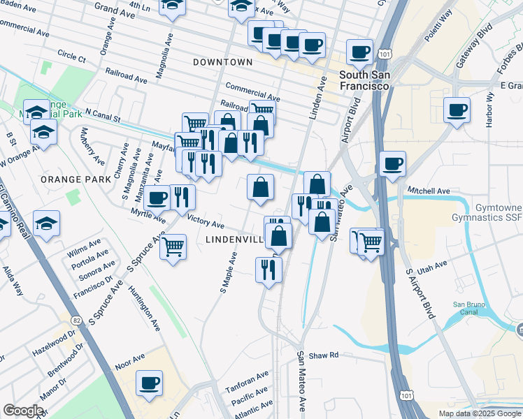 map of restaurants, bars, coffee shops, grocery stores, and more near 131 South Maple Avenue in South San Francisco